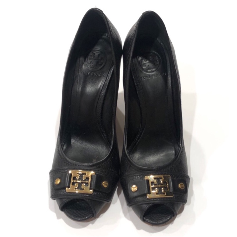 Tory Burch Black Peep-Toe Wedge Heels with Gold Logo Hardware